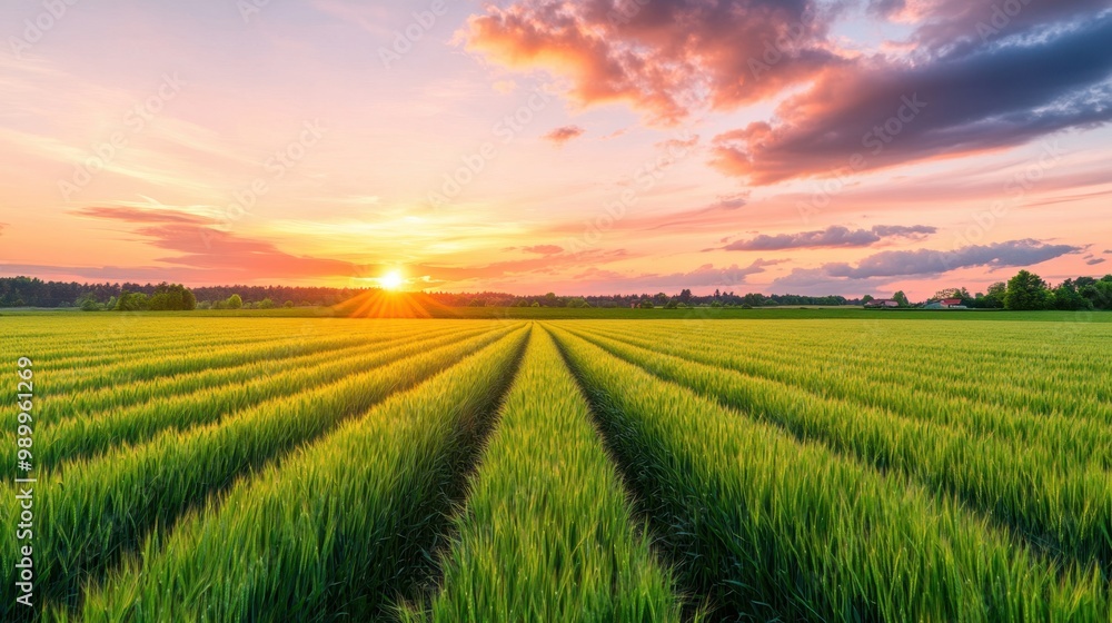 The rural landscape features a green field with a vibrant sunset sky, creating a tranquil backdrop for natural scenes and copy space The rural landscape features a green field with a vibrant sunset sky, creating a tranquil backdrop for natural scenes and copy space