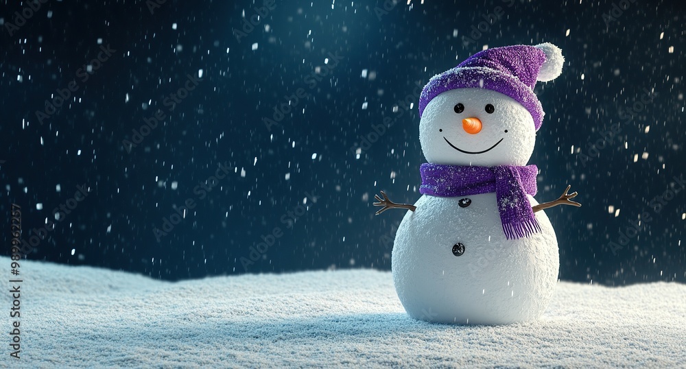 Fototapeta premium 3D rendering of a snowman standing on a white winter background, with snow falling in the sky