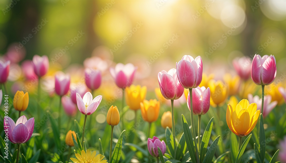 Spring Nature Seasonal Background with Colorful Flowers and Bright Sunny Sky
Spring Nature Seasonal Background with Colorful Flowers and Bright Sunny Sky