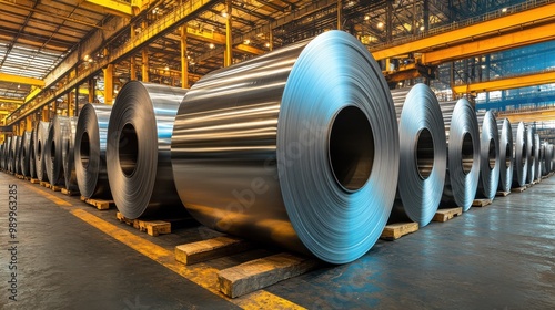 Cold rolled steel coil or stainless steel sheets at storage area in steel industry plant. in a warehouse.