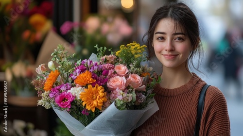 Smiling Woman Holding a Bouquet