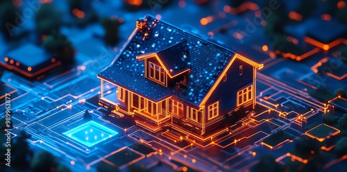 A glowing house with orange lines sits on a blue circuit board.