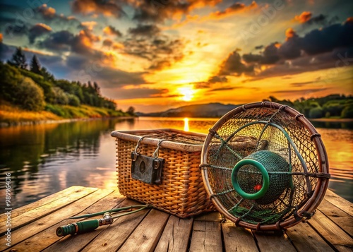 Rustic fish creel basket resting on a wooden surface surrounded by fishing gear and natural scenery photo