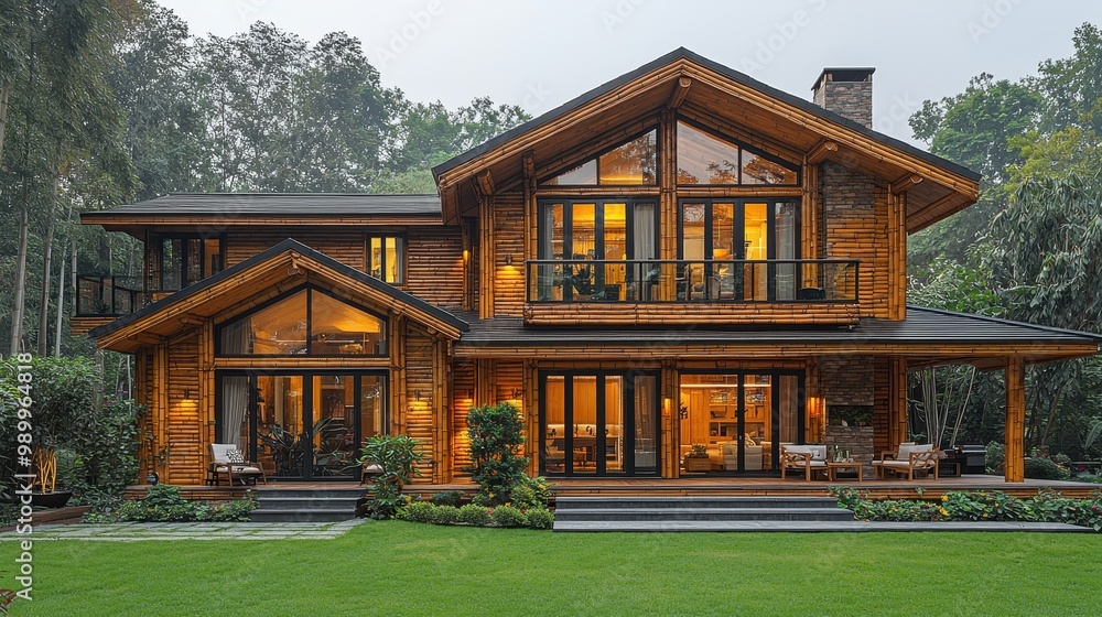 Modern Wooden House with Large Windows and Green Lawn Modern Wooden House with Large Windows and Green Lawn