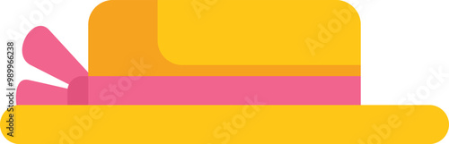 Yellow straw hat with a pink ribbon is lying on a white background