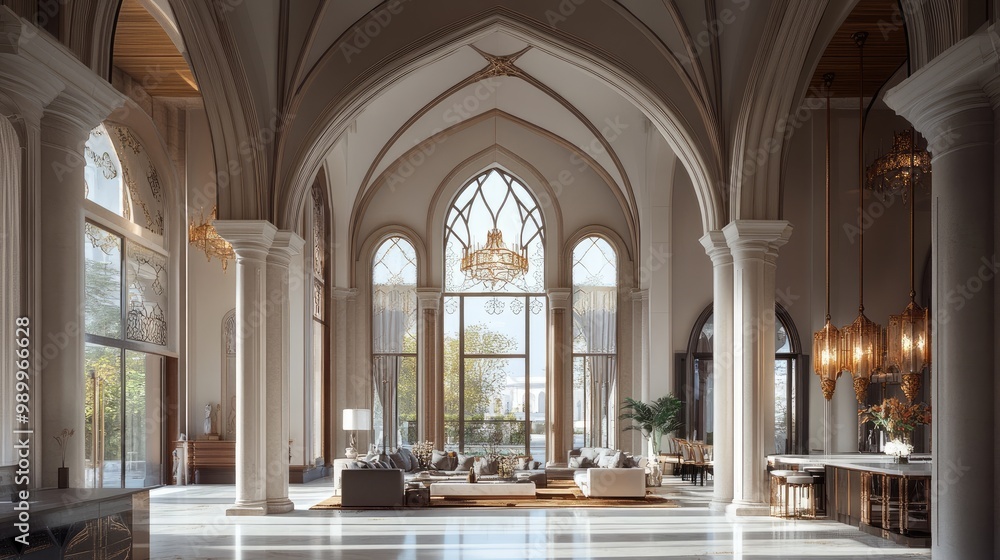 Fototapeta premium Stunning 3D design of an elegant interior space with high arches, luxurious finishes, and intricate architectural detailing