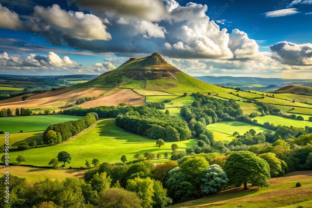 Fototapeta premium Scenic View of Roseberry Topping in North Yorkshire, England with Lush Green Hills and Blue Sky