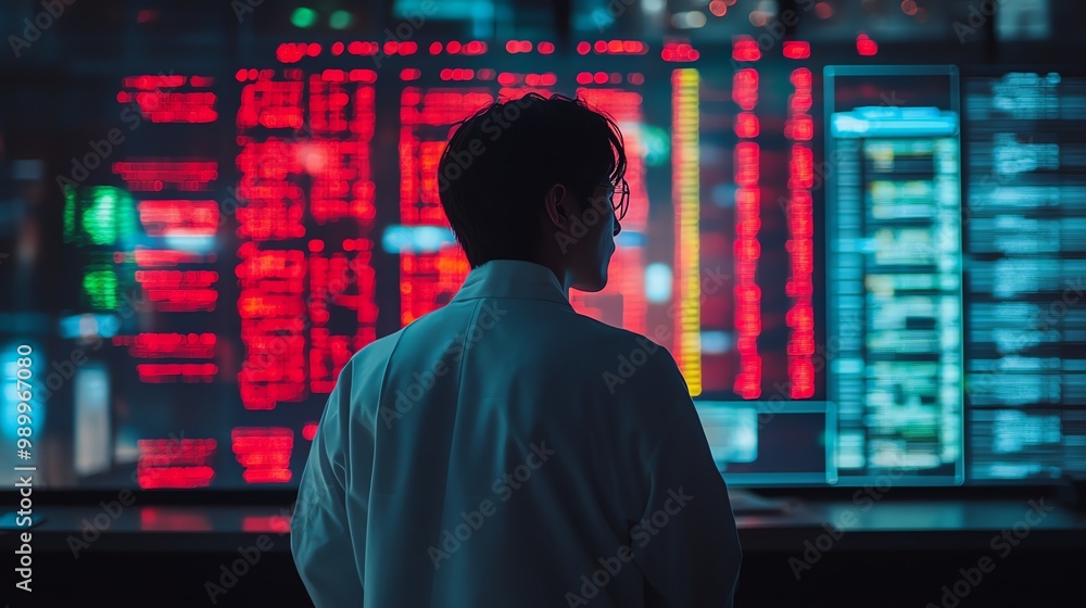 A person in a white shirt stands in front of a large monitor displaying a complex pattern of red and blue data. A person in a white shirt stands in front of a large monitor displaying a complex pattern of red and blue data.