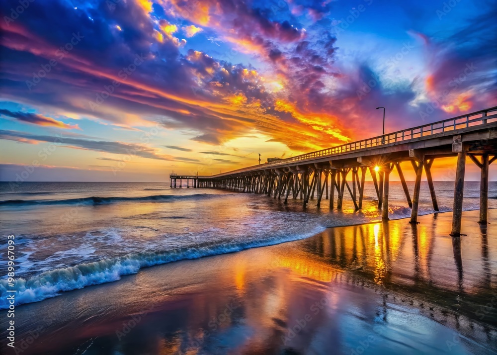 Scenic Views of Bogue Inlet Fishing Pier at Sunset with Vibrant Sky and Calm Waters in Background Scenic Views of Bogue Inlet Fishing Pier at Sunset with Vibrant Sky and Calm Waters in Background