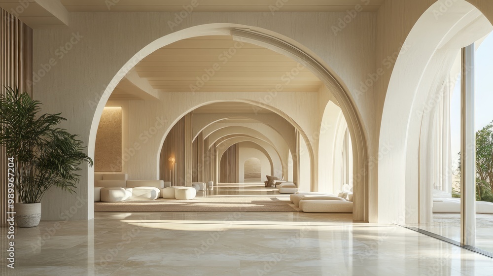 Stunning 3D rendering of a spacious interior with elegant arches, blending contemporary and classic architectural design elements Stunning 3D rendering of a spacious interior with elegant arches, blending contemporary and classic architectural design elements