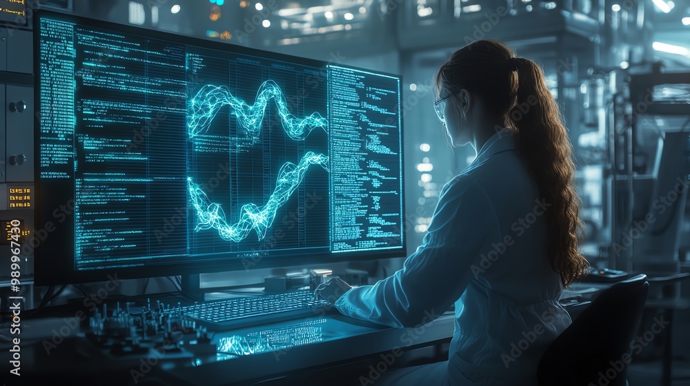 A woman sits in front of a computer, looking at a graph and data code displayed on the screen.