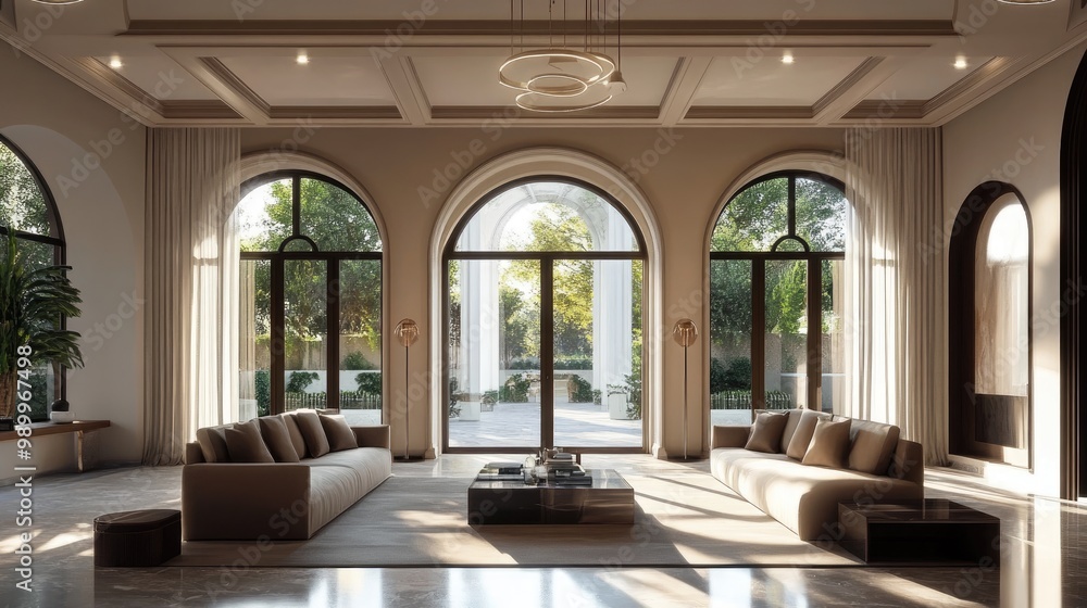 Stunning 3D rendering of an elegant archway interior design, with sleek modern furnishings and intricate architectural features Stunning 3D rendering of an elegant archway interior design, with sleek modern furnishings and intricate architectural features