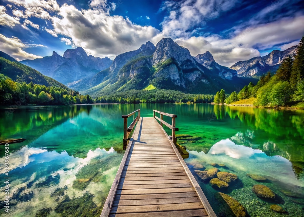 Serene Alpine Fishing Pier Surrounded by Majestic Mountains and Crystal Clear Waters in Nature