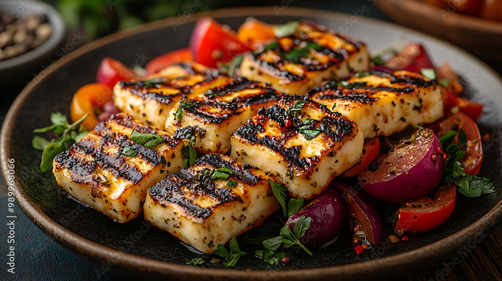 A colorful selection of grilled halloumi cheese served with fresh vegetables