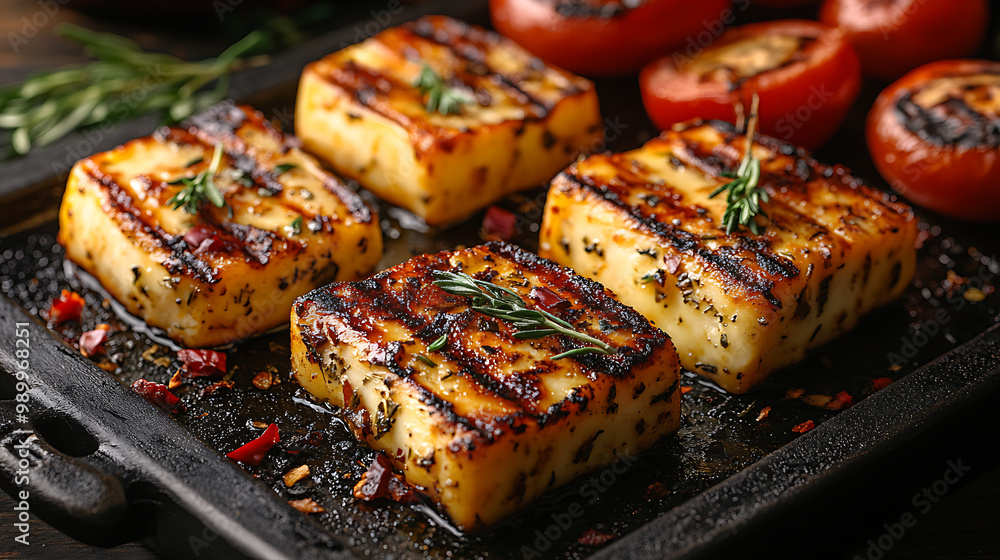 A colorful selection of grilled halloumi cheese served with fresh vegetables A colorful selection of grilled halloumi cheese served with fresh vegetables