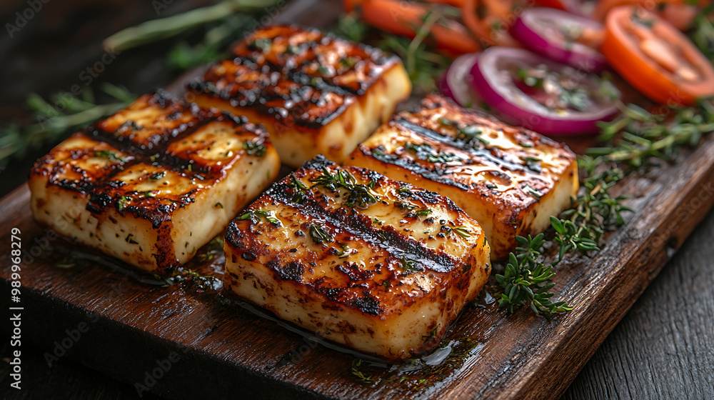 A colorful selection of grilled halloumi cheese served with fresh vegetables A colorful selection of grilled halloumi cheese served with fresh vegetables