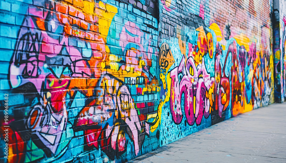 Fototapeta premium A graffiti-covered urban wall, showcasing vibrant colors, bold lines, and an edgy, artistic vibe