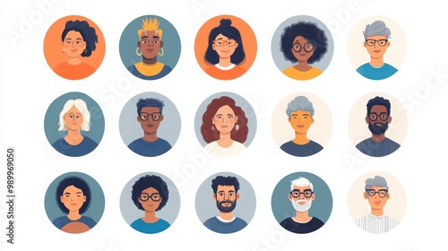 a set of circular avatar illustrations representing diverse people. Each avatar features a mix of skin tones, hairstyles, and clothing choices