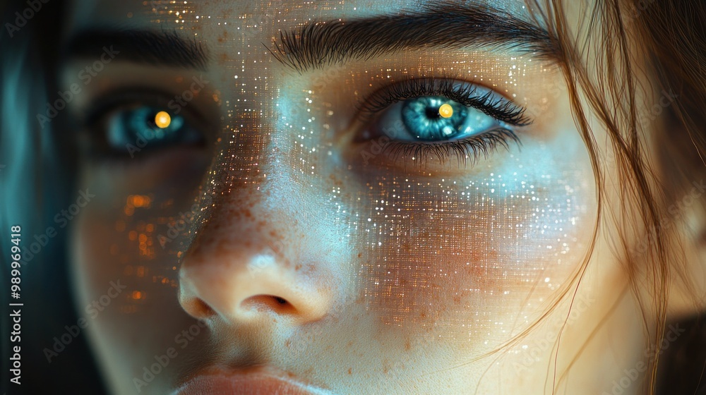 Close-Up of a Woman's Eye with Glowing Glitter Makeup Close-Up of a Woman's Eye with Glowing Glitter Makeup