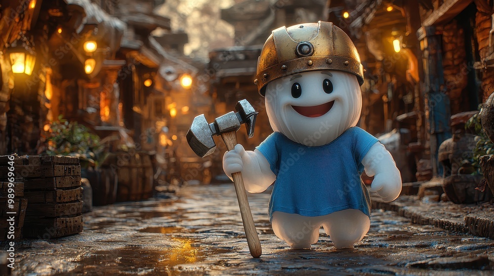 Friendly Cartoon Character Holding a Hammer in a Fantasy Setting Friendly Cartoon Character Holding a Hammer in a Fantasy Setting