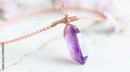 Amethyst choker, copper wire wrapping, bohemian and artisan-made photo