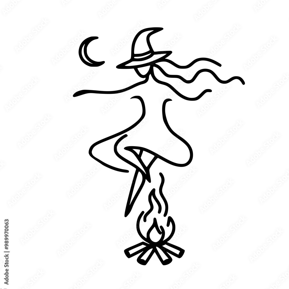 Stylized linear vector image of a witch with long flowing hair and a pointed hat jumping over a fire, against a crescent moon background. Stylized linear vector image of a witch with long flowing hair and a pointed hat jumping over a fire, against a crescent moon background.