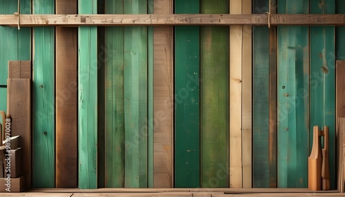 Wooden Workshop Atmosphere with Green Background and Blank Board Pattern