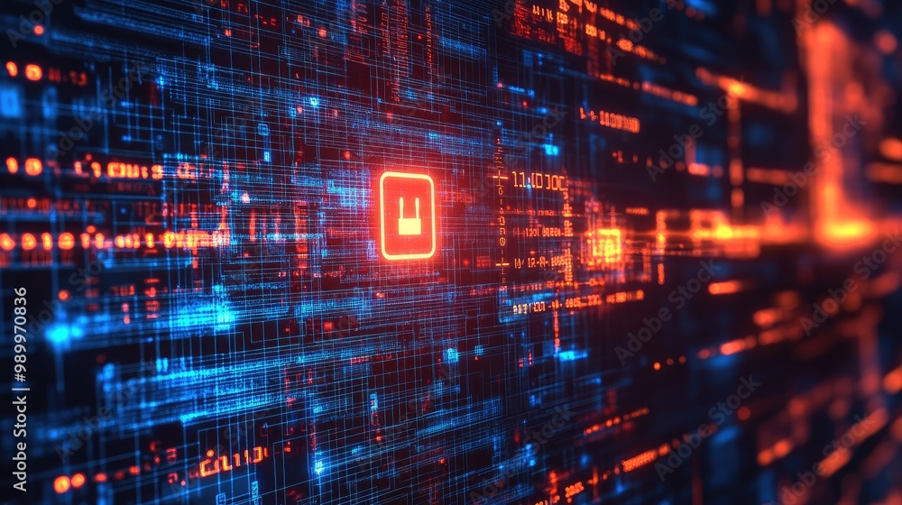 Obraz premium Abstract cyber defense concept with a digital wall of code and a glowing security icon.