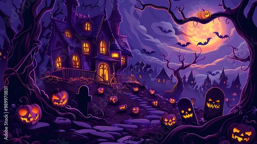 "Halloween Haunted House with Ghosts and Bats – Vector Background" 