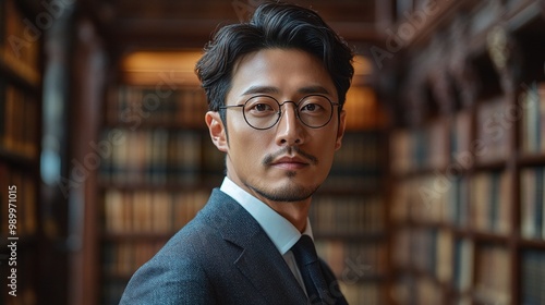 portrait of a refined korean man in his 40s wearing a formal suit and glasses with a slick hairstyle and smooth beardless face in a luxury ancient library showcasing elegance and sophistication