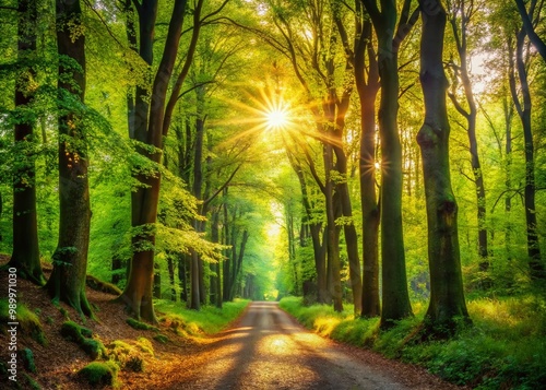 Serene Pathway Through Lush Green Forest Surrounded by Majestic Trees and Sunlit Leaves