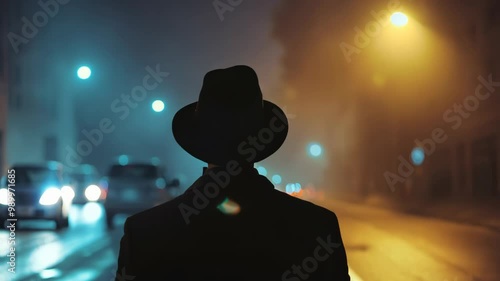 Mysterious Figure on a Foggy City Street at Night