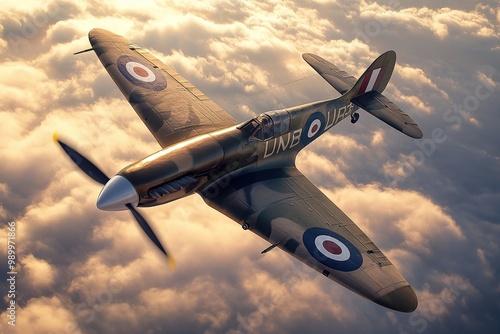 A British Spitfire plane soaring high above the clouds, showcasing its iconic design and timeless beauty photo