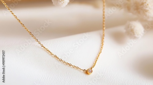 Delicate gold chain necklace, tiny gemstone accents, minimalist and handcrafted