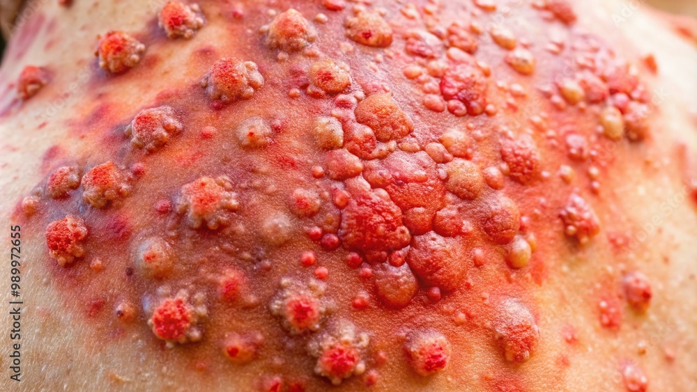 Shingles rash on skin, a close-up view showcasing the painful blisters and red inflammation effects Shingles rash on skin, a close-up view showcasing the painful blisters and red inflammation effects