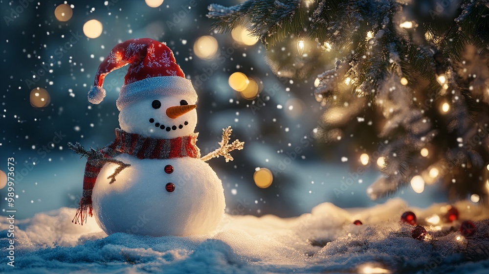 A snowman wearing a red hat and scarf stands in the snow A snowman wearing a red hat and scarf stands in the snow