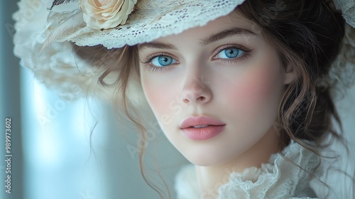 aristocratic lady close-up portrait in an edwardian gown with a delicate feathered hat evoking costume drama style, highlighting refined period fashion and sophisticated historical elegance