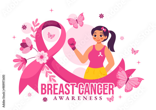 Breast Cancer Awareness Month Vector Illustration of Diverse Women with Pink Support Ribbon for Healthcare Campaign Solidarity in a Flat Background