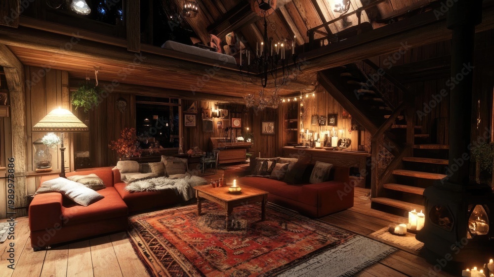 Ambient lighting creating a cozy atmosphere in a rustic cabin living room. Ambient lighting creating a cozy atmosphere in a rustic cabin living room.