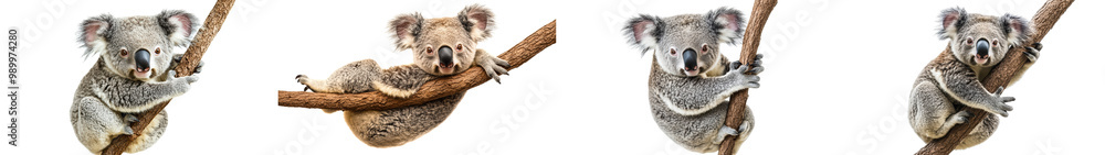 Naklejka premium Four adorable koalas are perched on branches, showcasing their fluffy ears and curious expressions. koalas are set against white background, highlighting their unique features.