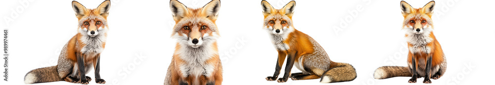 Fototapeta premium Four red foxes are sitting and standing in various poses, showcasing their bushy tails and alert expressions against plain background. image highlights their vibrant fur and curious nature. 