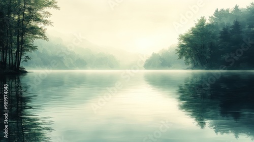 Wallpaper Mural Tranquil Morning Mist on Still Lake Torontodigital.ca