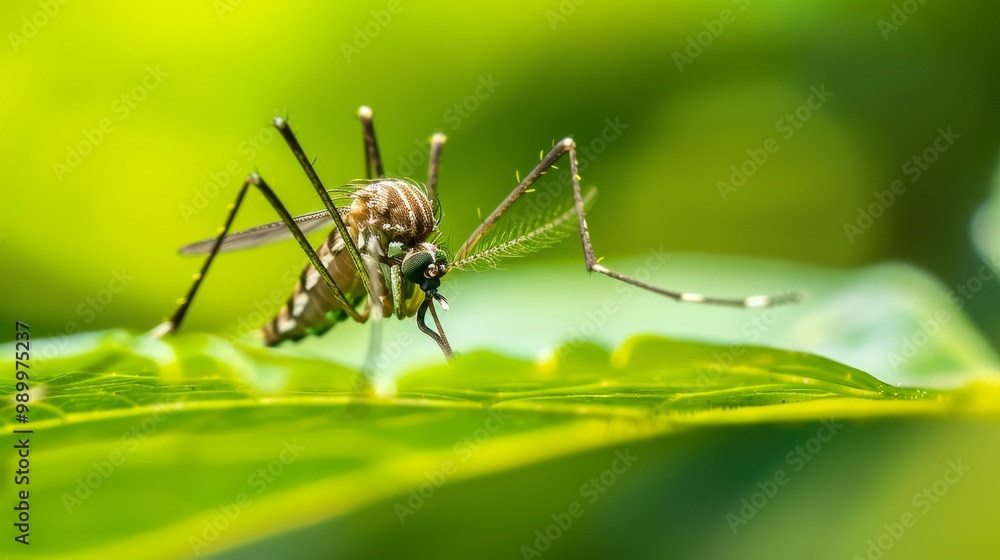 Close-up of mosquito resting on leaf in tropical forest, emphasizing its role in transmitting viruses, shallow depth of field. Close-up of mosquito resting on leaf in tropical forest, emphasizing its role in transmitting viruses, shallow depth of field.