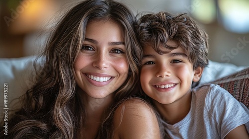 warm and loving moment between a smiling latin mother and her son at home highlighting the affectionate family dynamic and the close emotional bond that brings happiness to their household