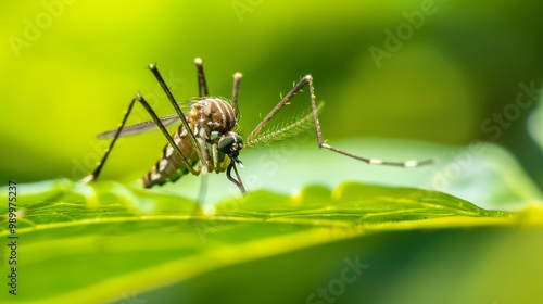 Close-up of mosquito resting on leaf in tropical forest, emphasizing its role in transmitting viruses, shallow depth of field.