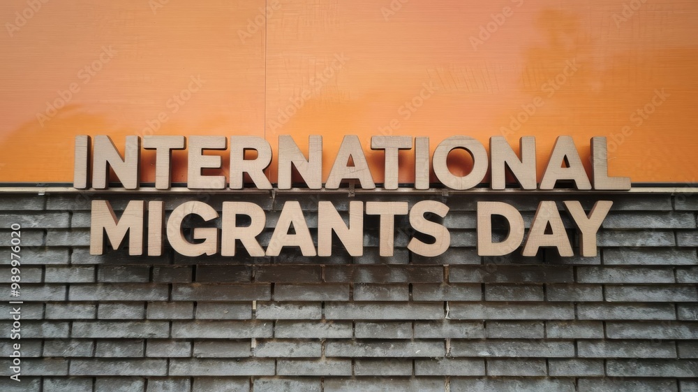 Minimalistic International Migrants Day banner with wooden letters inscription on orange background Minimalistic International Migrants Day banner with wooden letters inscription on orange background