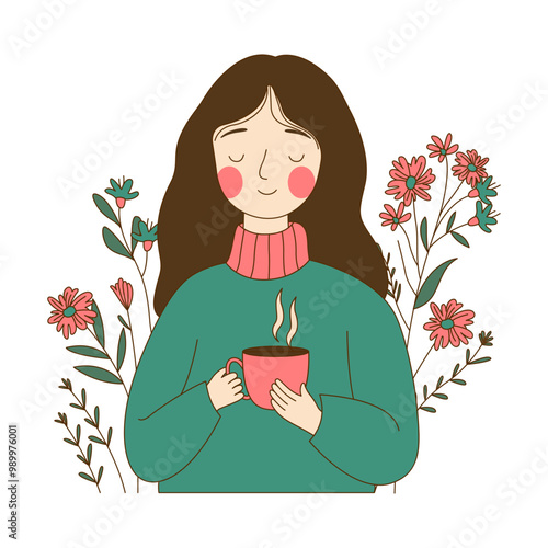 Cute Innocent Nerd Girl Character Holding a Cup of Coffee with Flower Floral Decoration