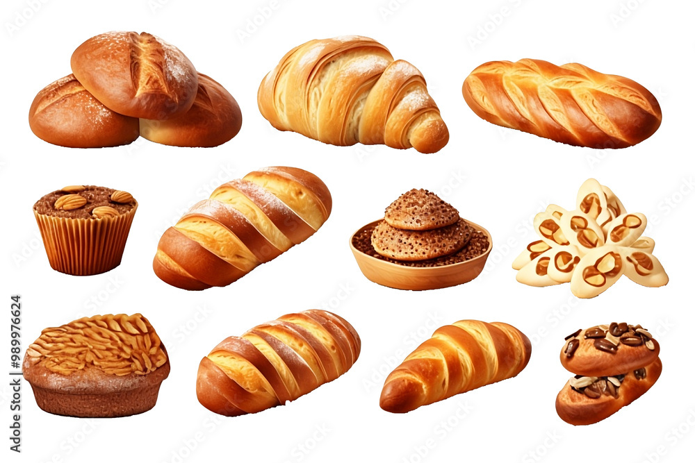 Set of various sweet breads Slices and bakery or pastries, isolated cartoon vector set of bakery products translucent background Set of various sweet breads Slices and bakery or pastries, isolated cartoon vector set of bakery products translucent background