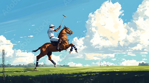 Polo Player on Horseback Striking the Ball photo