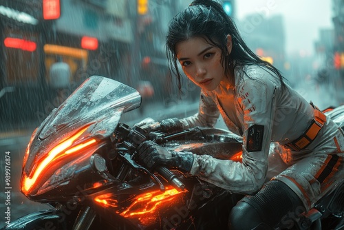 Woman on a Motorcycle in the Rain photo